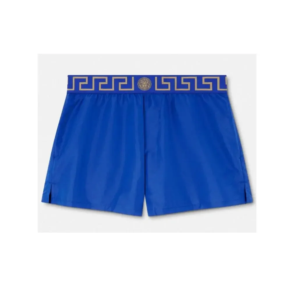 NWT Versace Greca Border Swim Shorts IT 8 US 2XL Blue Medusa Logo Elastic Waist
